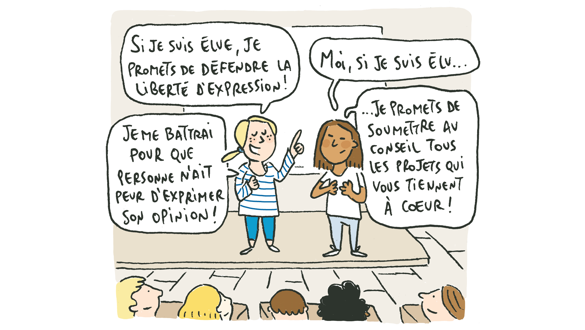 Deux candidats se présentent devant la classe.