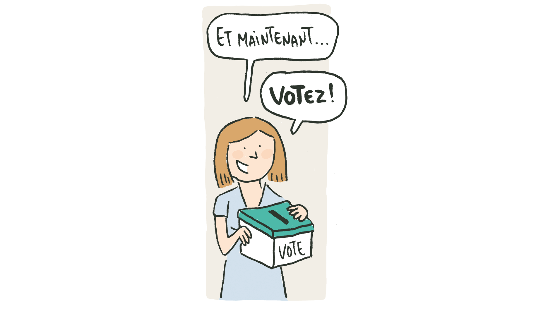 L’enseignante tient la boîte de vote et invite les élèves à voter.