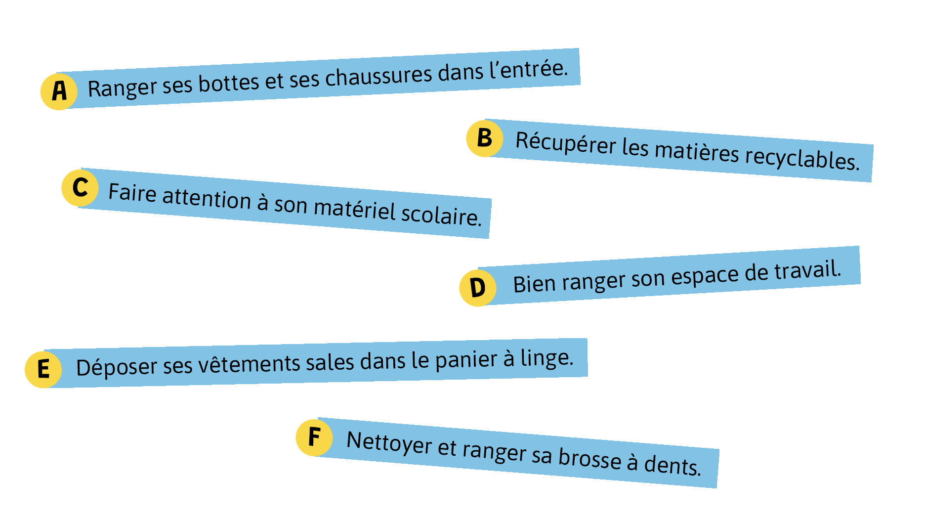  A. Ranger ses bottes et ses chaussures dans l’entrée. B. Récupérer les matières recyclables. C. Faire attention à ses effets scolaires. D. Bien ranger son pupitre ou son bureau. E. Déposer ses vêtements sales dans le panier à linge. F. Nettoyer et ranger sa brosse à dents.